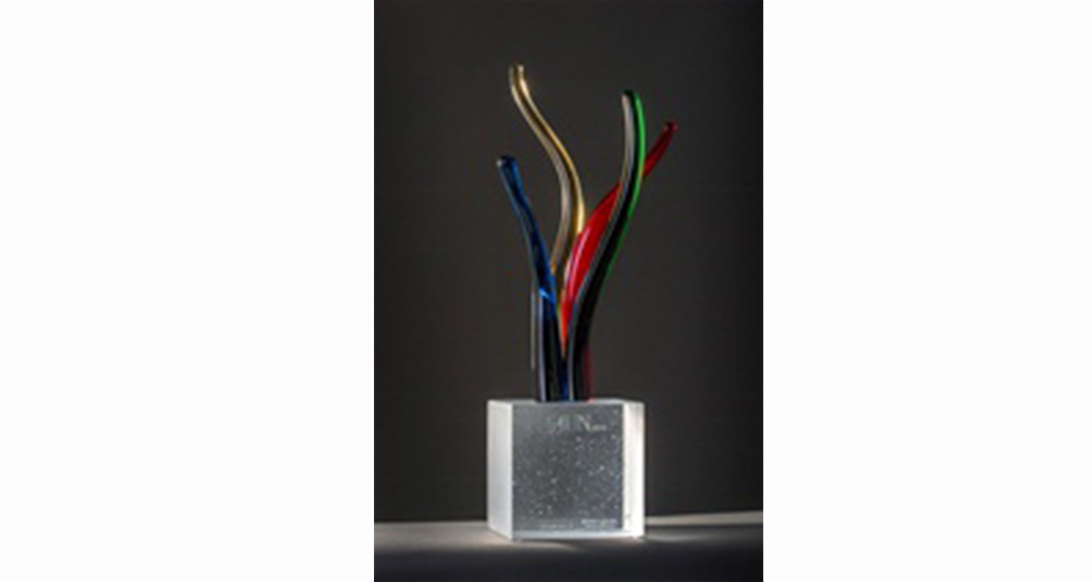 В прозрачна правоъгълна ваза с текстурирана повърхност са поставени множество издължени цветни стъбла, стърчащи нагоре.