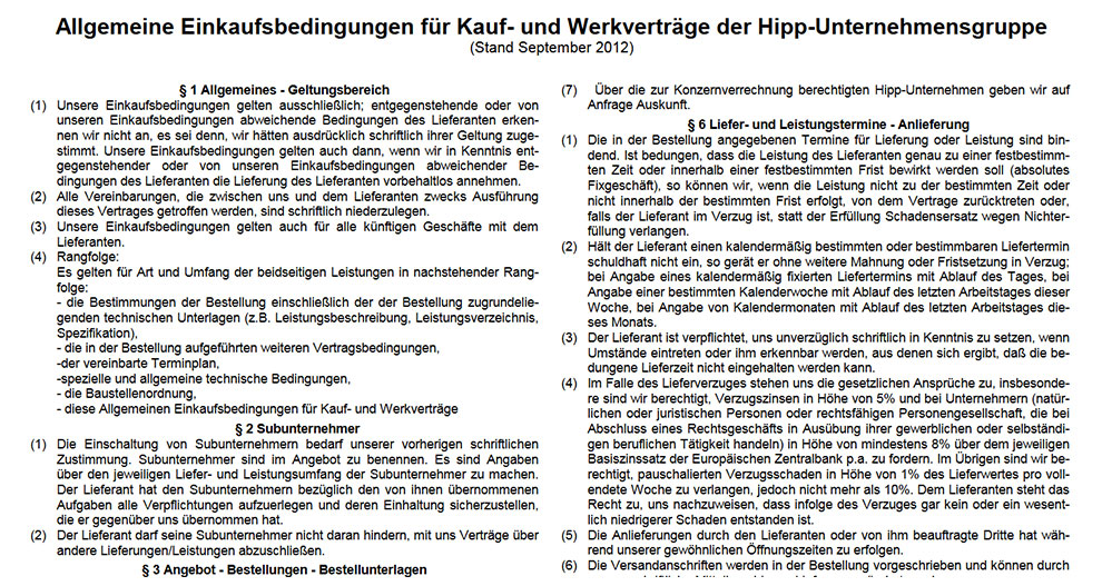 Страница от документ, озаглавен "Allgemeine Einkaufsbedingungen für Kauf- und Werkverträge der Hipp-Unternehmensgruppe" (Stand септември 2012 г.), който изглежда е набор от общи условия за покупки и договори на Hipp Enterprise Group.