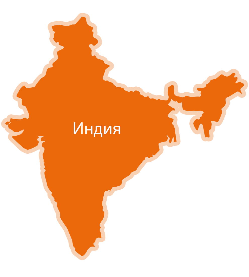 Силует на Индийския субконтинент с думата "Индия" (India), изписана на кирилица.