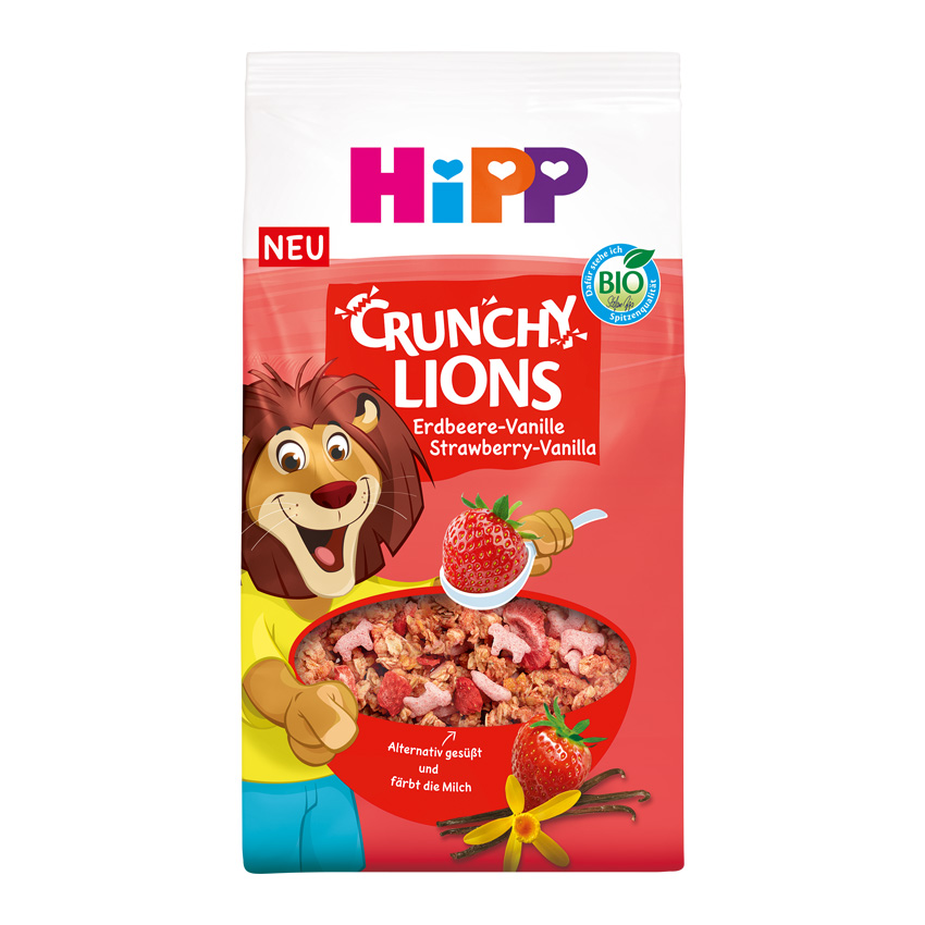 Пакетиран хранителен продукт с талисман лъв, ягода и купичка с хрупкава храна.