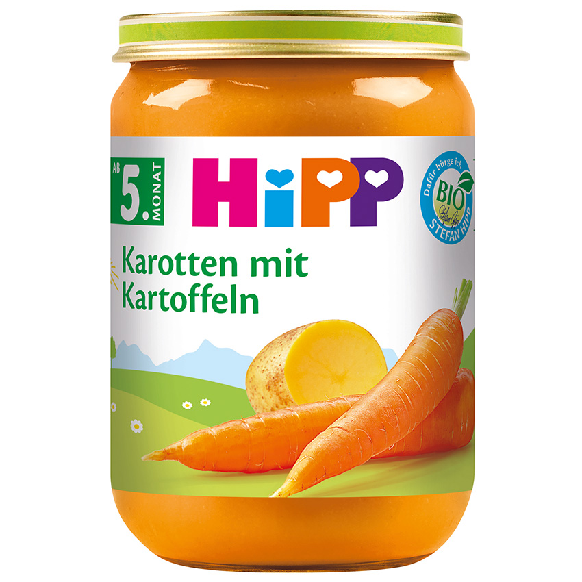 Стъклено бурканче с етикет, на който е изобразен продукт, наречен "HiPP Karotten mit Kartoffeln", за бебета на 5-месечна възраст, с изображение на морков и картоф на етикета.