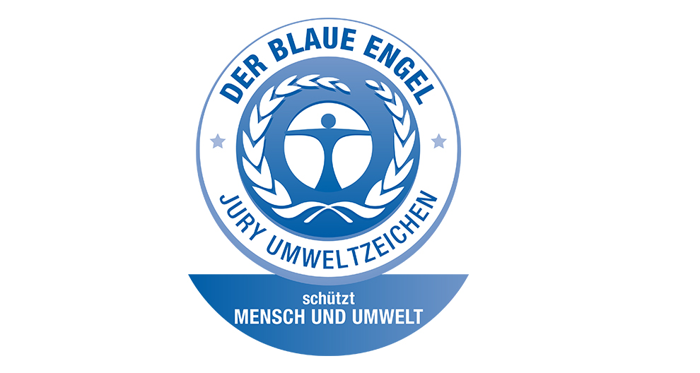 A blue and white circular emblem with a human silhouette in the center, surrounded by a laurel wreath, and includes the German text "DER BLAUE ENGEL" at the top, "JURY UMWELTZEICHEN" at the bottom, and "schutzt MENSCH UND UMWELT" at the bottom right.
