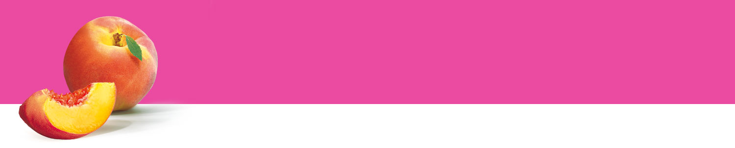 A peach, with a bite taken out, is presented against a pink background.