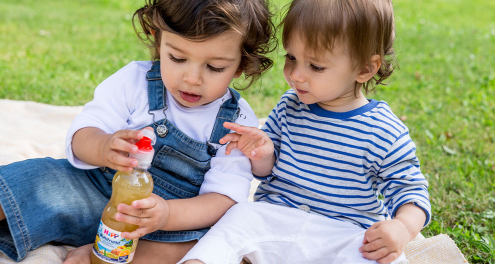 Two toddlers sit on a blanket in a grassy area, one holding a bottle of juice.