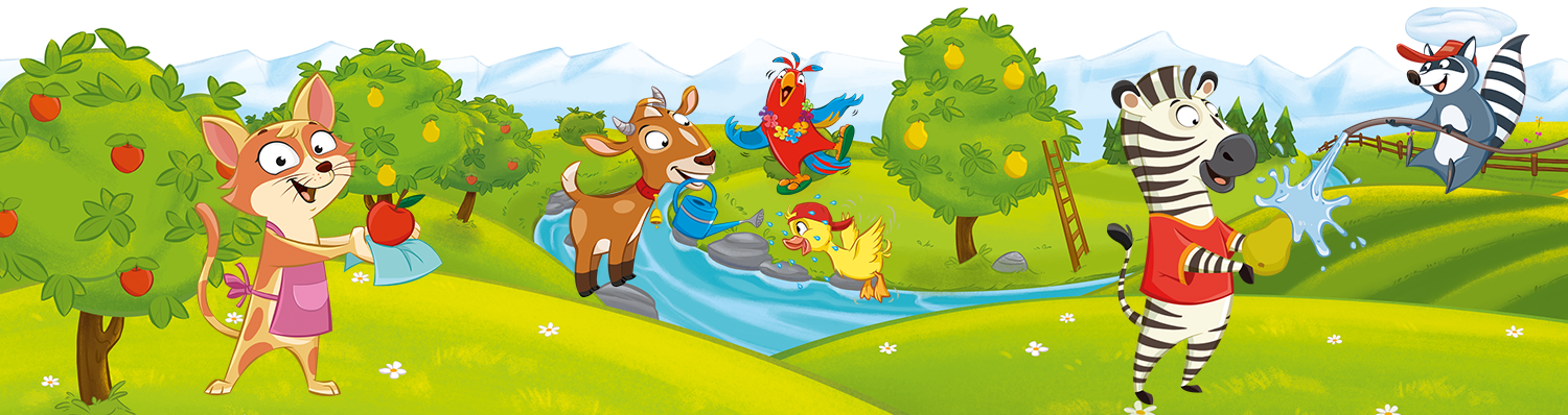 Animals in a colorful, lush landscape.