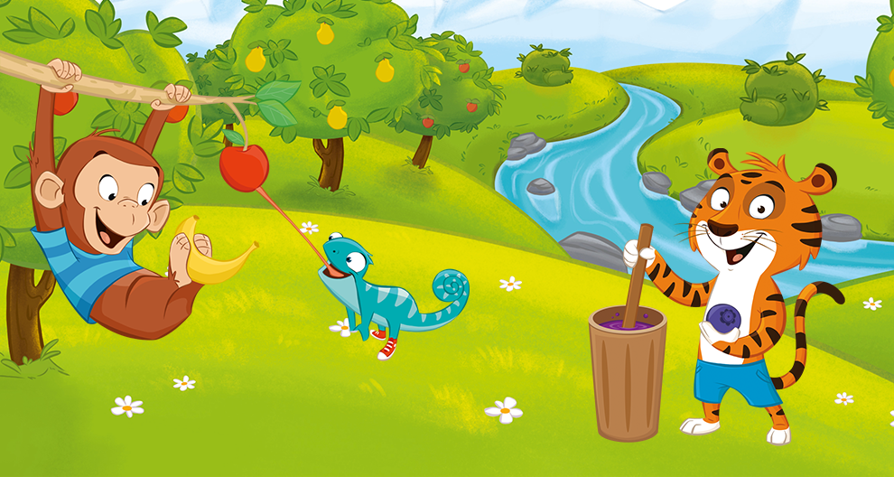 Three animated animals are in a lush green landscape with a river, trees, and flowers.