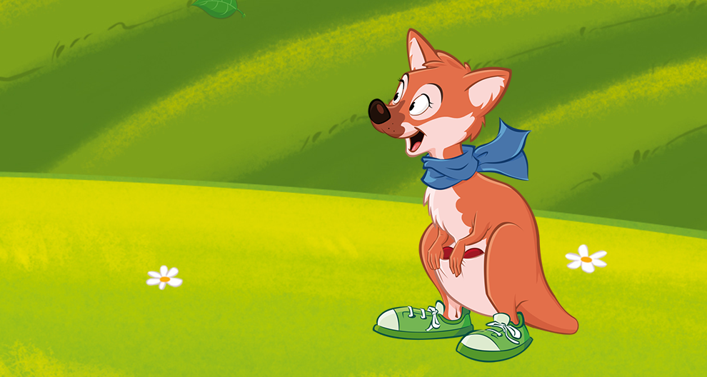 A kangaroo with a blue scarf and green shoes stands on a grassy field.