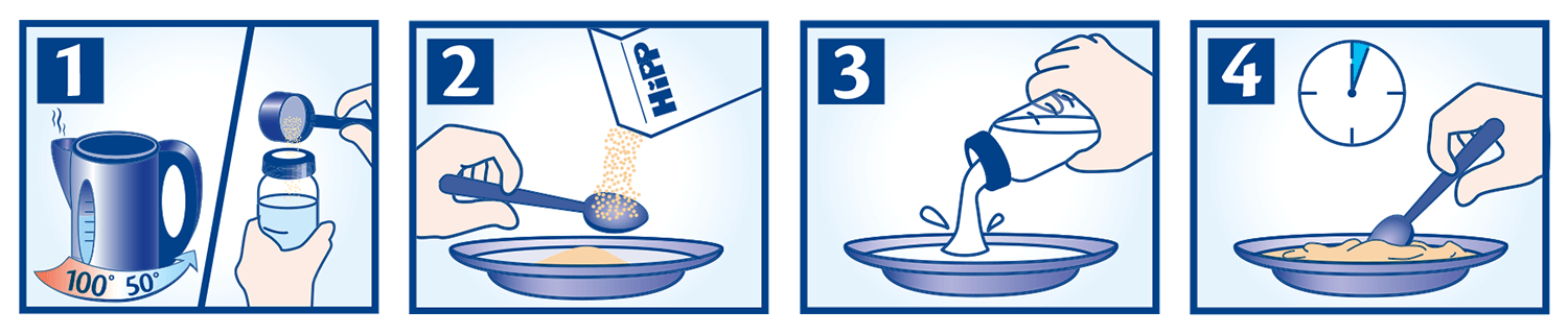 A four-step process of preparing a dish, starting with heating water and ending with stirring.