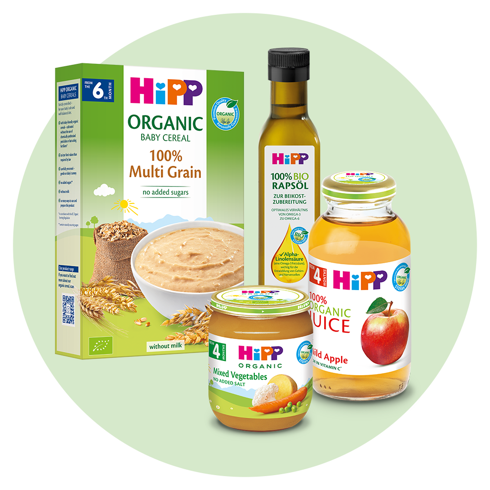 Various organic baby food products from the brand 'HiPP'.
