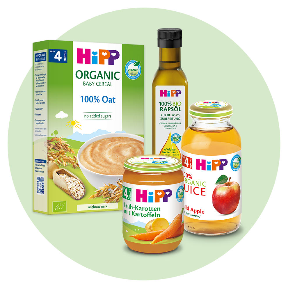 Various organic baby food products from the brand 'HiPP'.