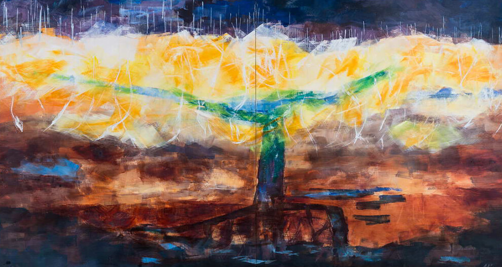 A tree with a vibrant canopy stands tall against a dark, textured background.